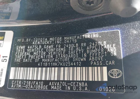 2019 Toyota Camry L/Le/Se/Xle from USA, damaged, VIN 4T1B11HK7KU254412